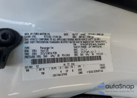 2017 Ford Focus Se z USA, uszkodzony, nr VIN 1FADP3FE4HL304062